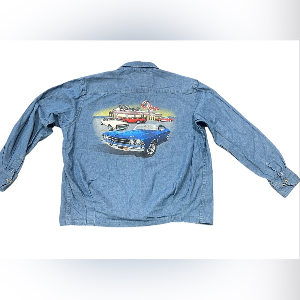 VINTAGE Chevrolet CCC Denim Large Print On Back Denim Long Sleeve Sz L